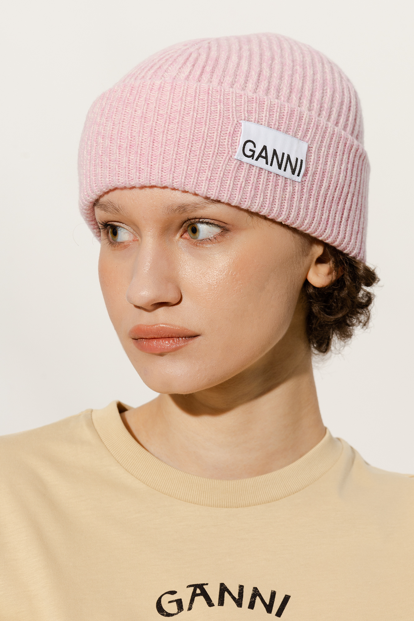 Ganni Fitted Beanie Pink Beanie With Logo Ganni